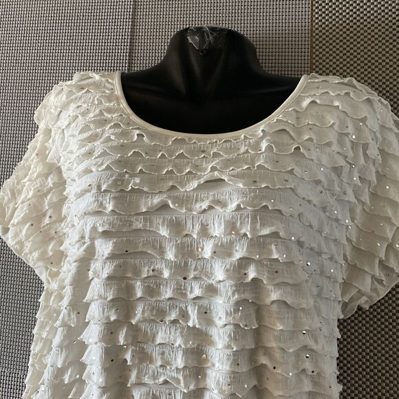 Cato Ruffled Blouse Womens XL Swoop Neck‎ Bling Cap Sleeve 4% Spandex - Picture 3 of 7